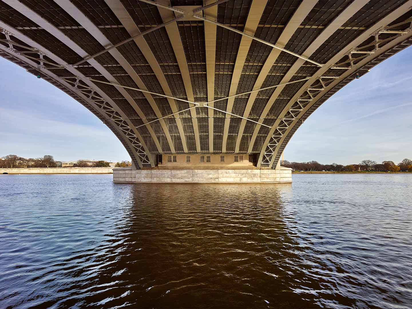 A photo of the underside of Arlington Memorial Bridge showing the structure below.