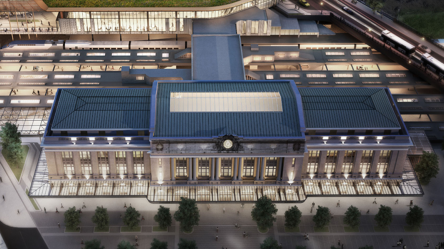A rendering of Baltimore Penn Station at night.