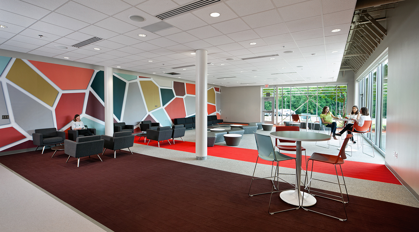 A photo of students in a lounge area.