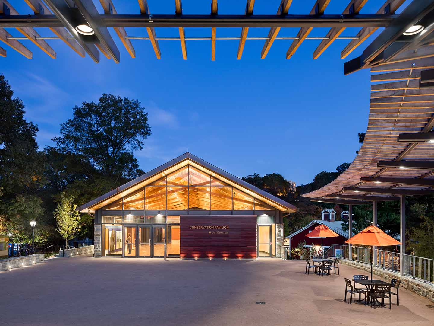 A photo of a building at nighttime.