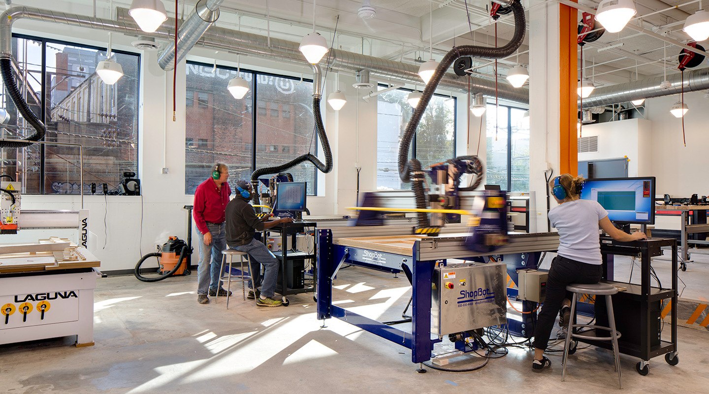 A photo of the interior of a wood shop.