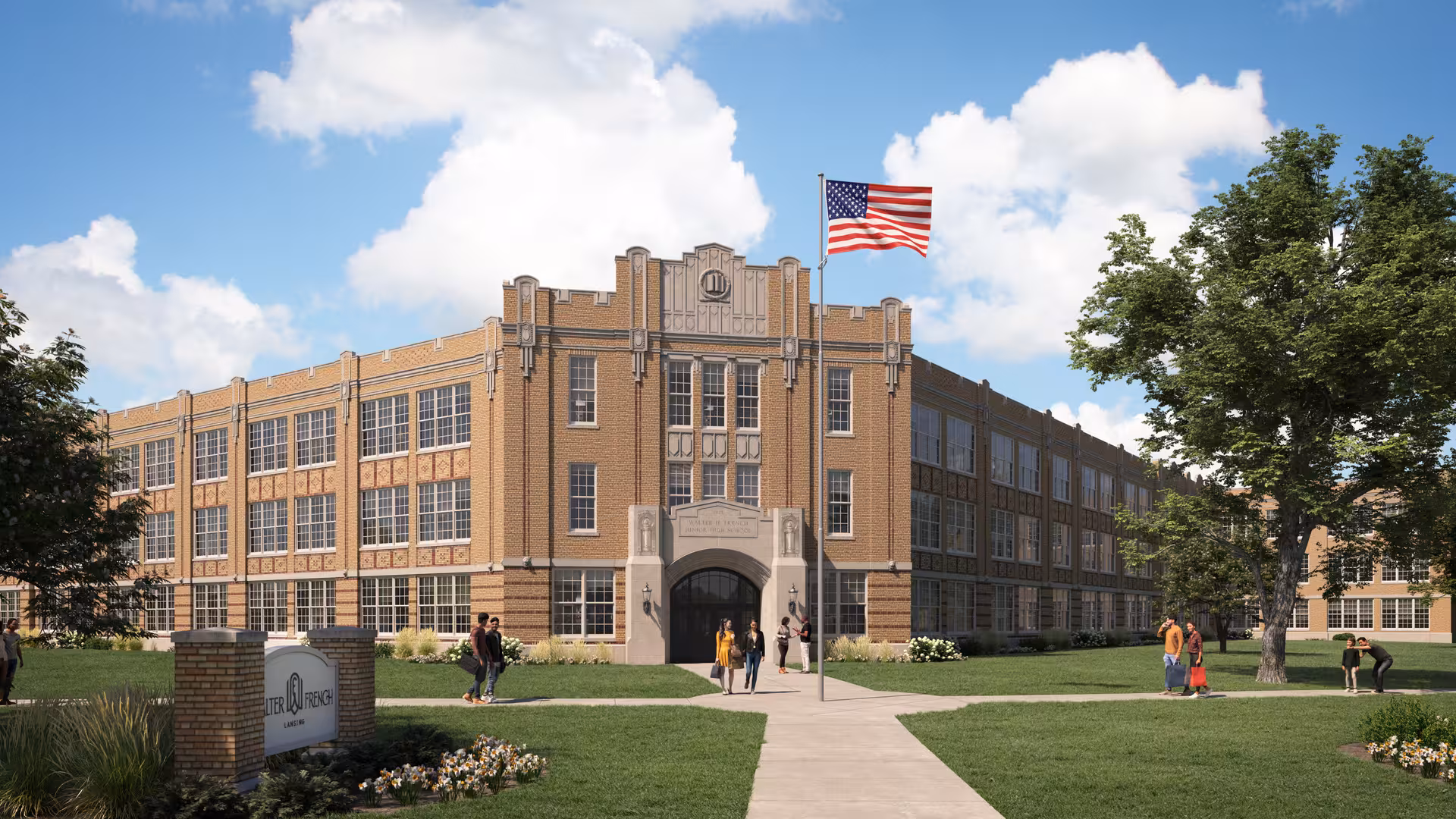 Rendering of a three-story school building