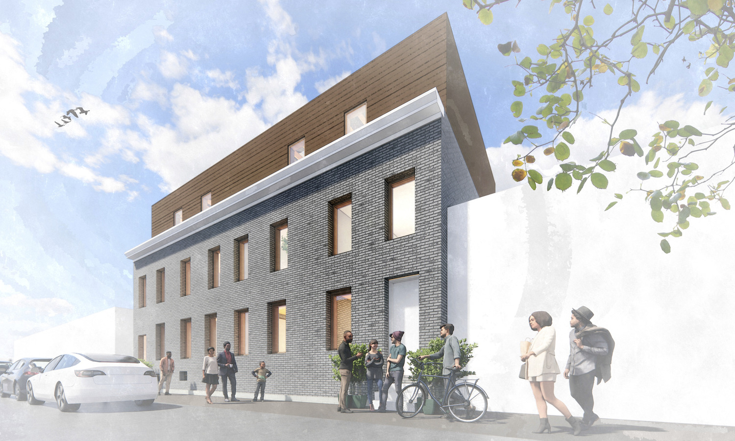 Rendering of a brick building showing people of all ages congregating outside, under a tree, and next to parked cars.