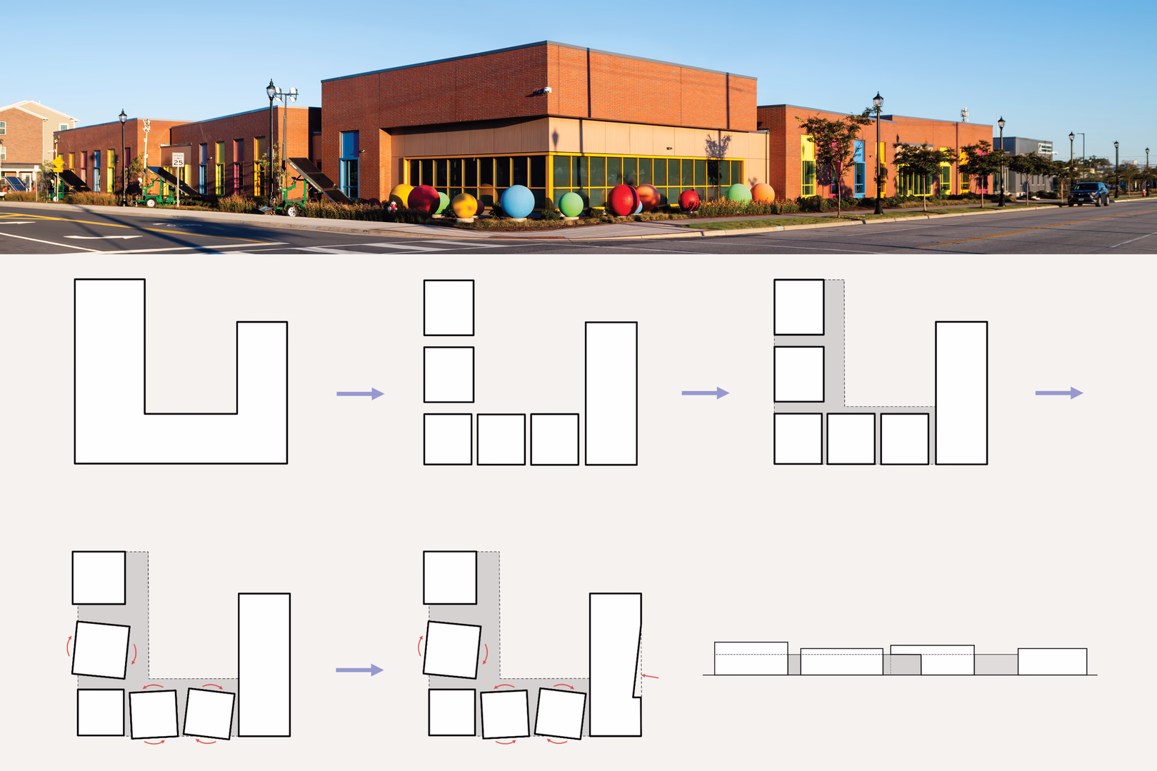 A diagram of the building plan paired with an exterior photo of the building.