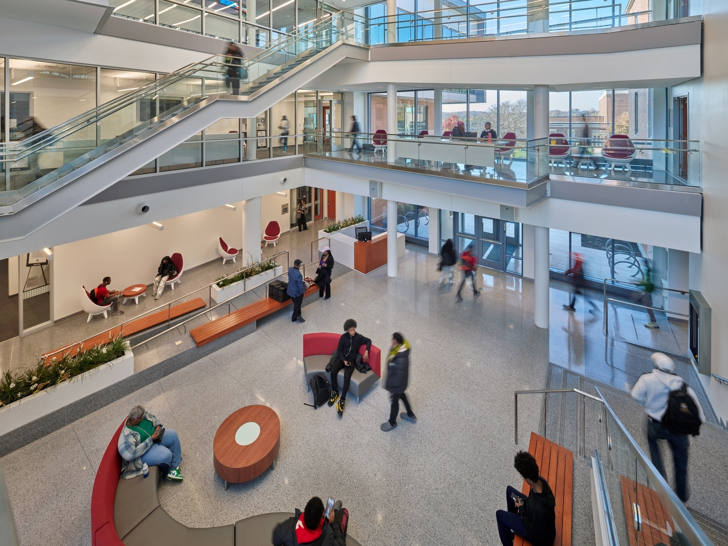 Community members interact on multiple levels of the building.