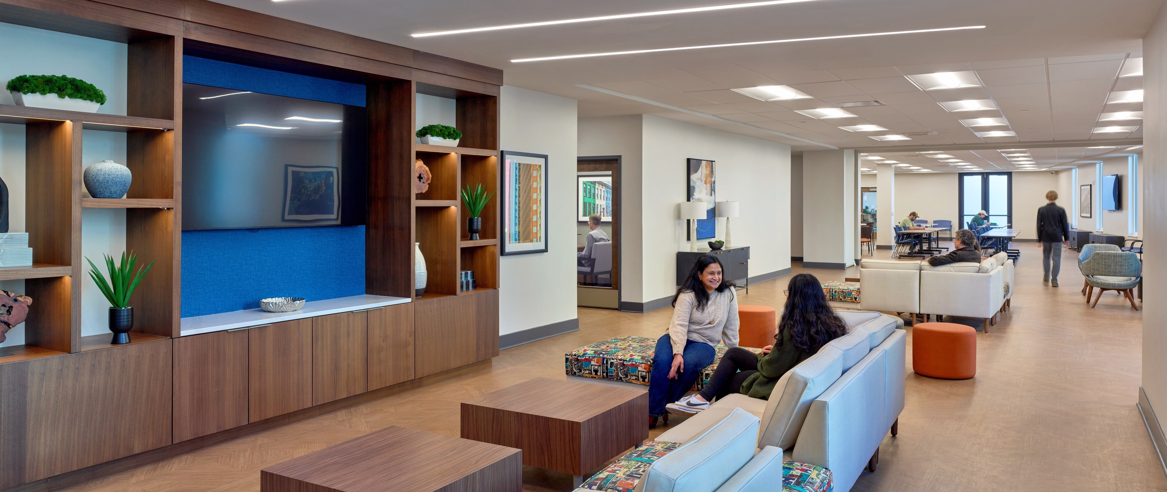 The lobby has spaces to relax and collaborate. 