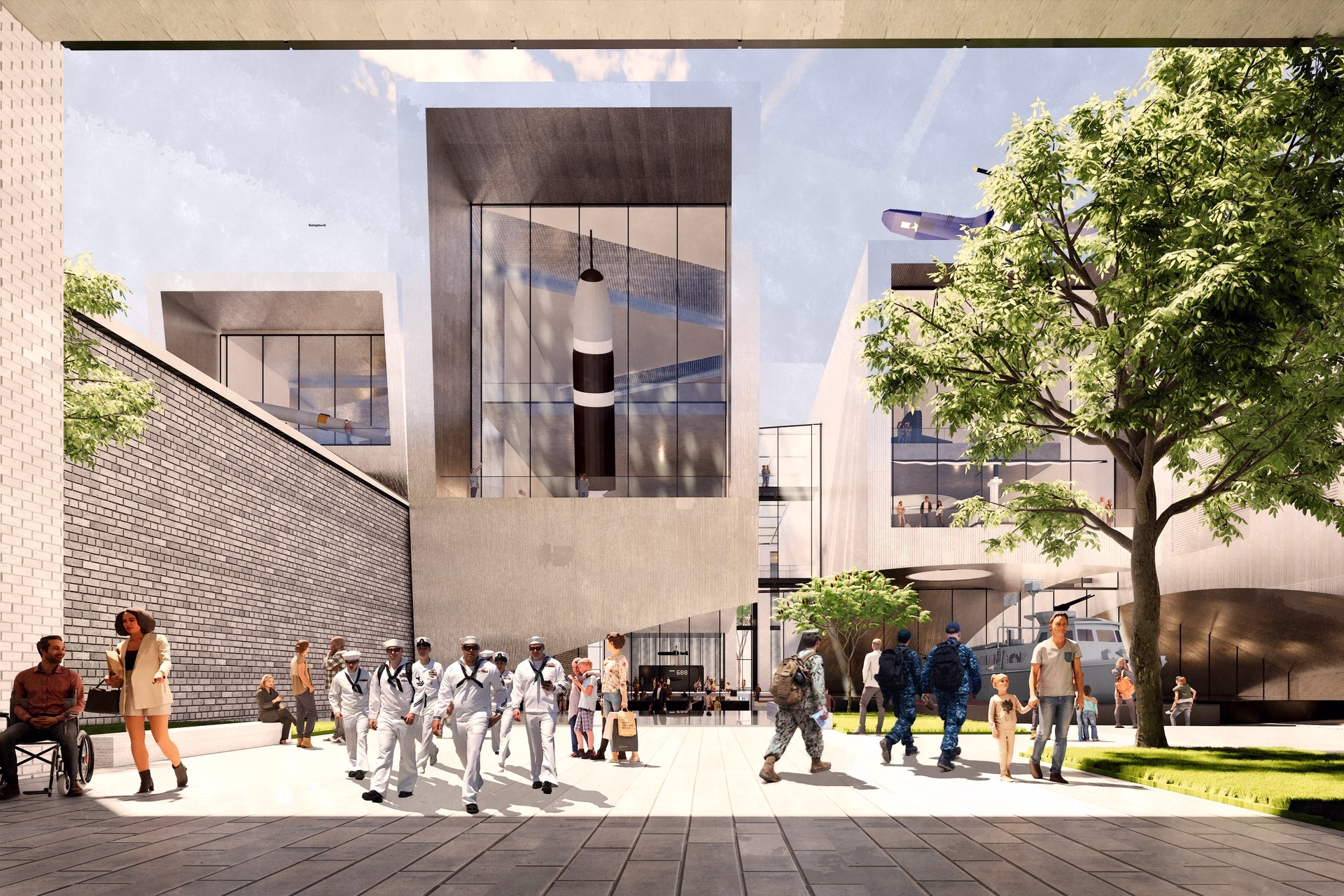 A rendering of a museum courtyard with families and uniformed Navy sailors walking.
