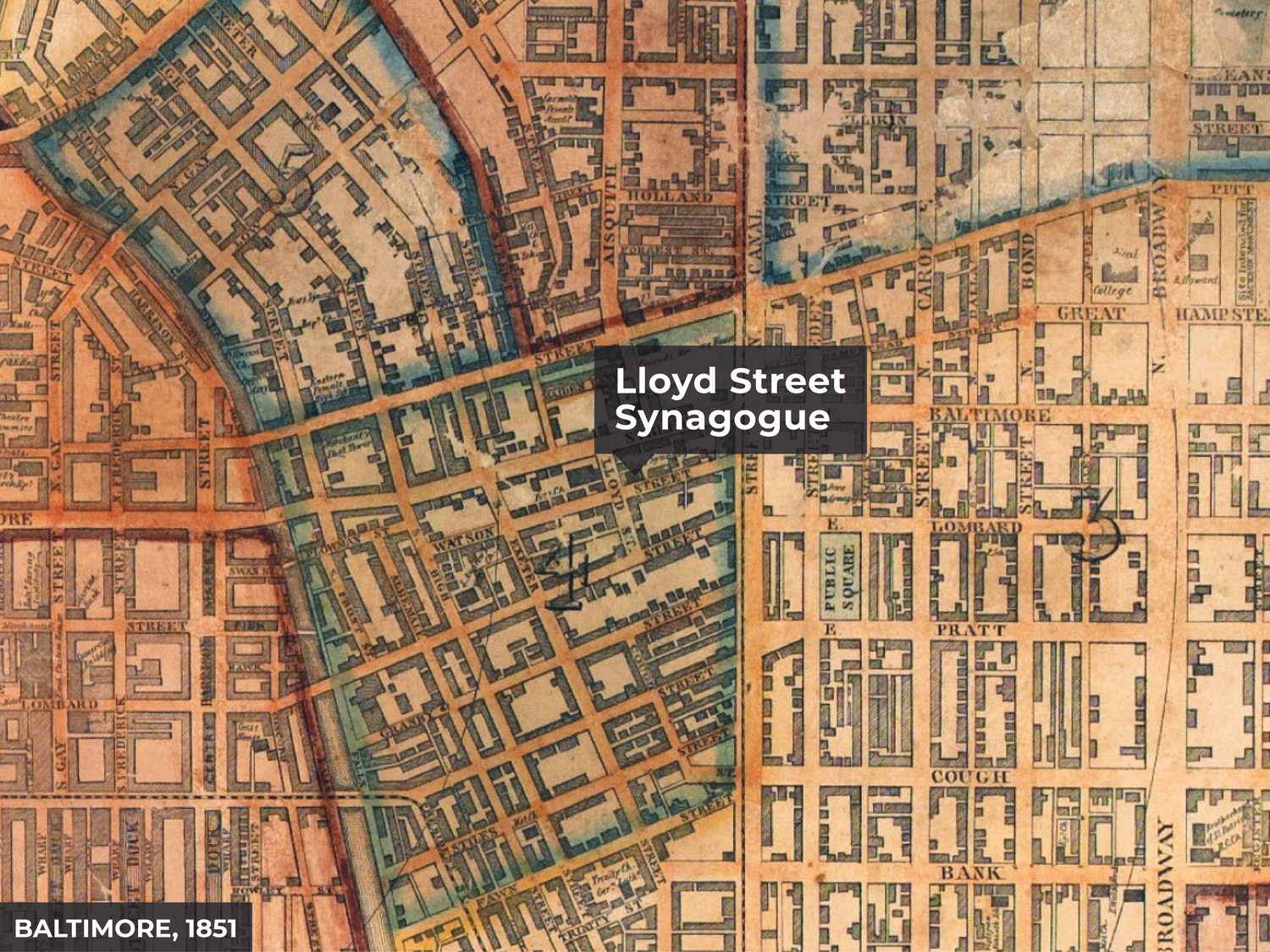 An 1851 map of the Jonestown neighborhood in Baltimore with the location of the Lloyd Street Synagogue marked.