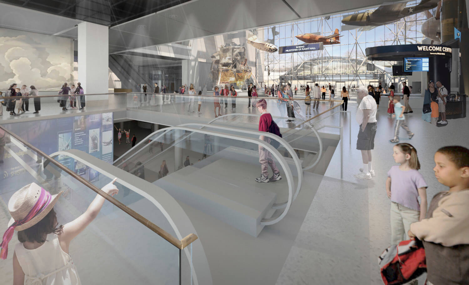 A photo rendering of the spacious interior of the museum that is filled with natural light.
