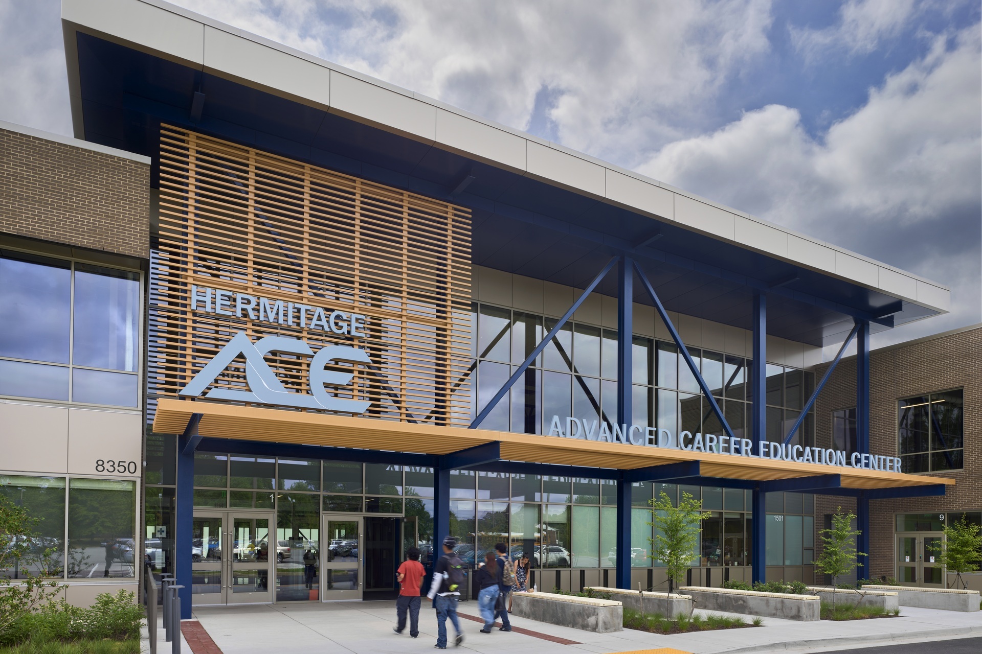 Exterior entry of a modern school building.