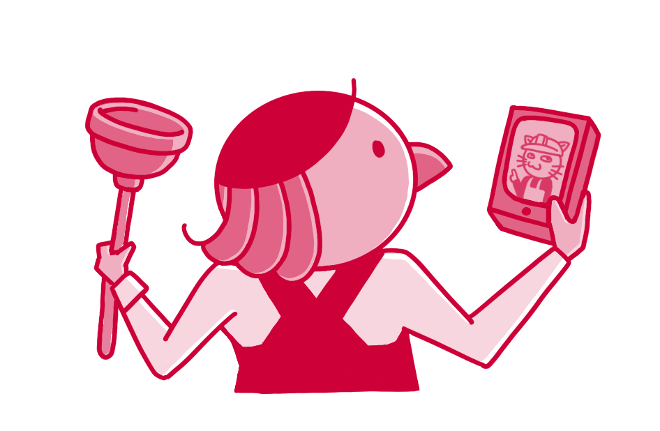 Red bird - human hybrid with a phone in one hand and a plunger in the other.