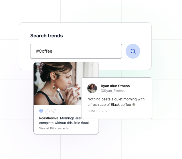 Search trends card with a social post and comment feed