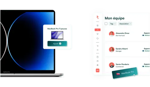 Visuel à gauche d'un macbook pro et à droite d'une interface de gestion Cleaq.