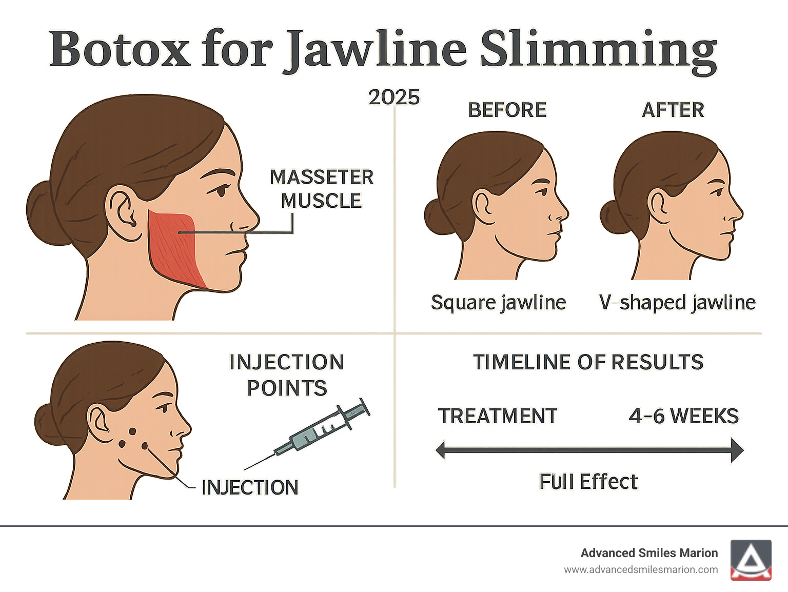 Detailed infographic showing the masseter muscle location on both sides of the jaw, before and after comparison of square vs V-shaped jawline, injection points, and timeline of results from treatment to full effect at 4-6 weeks - botox for jawline slimming infographic 