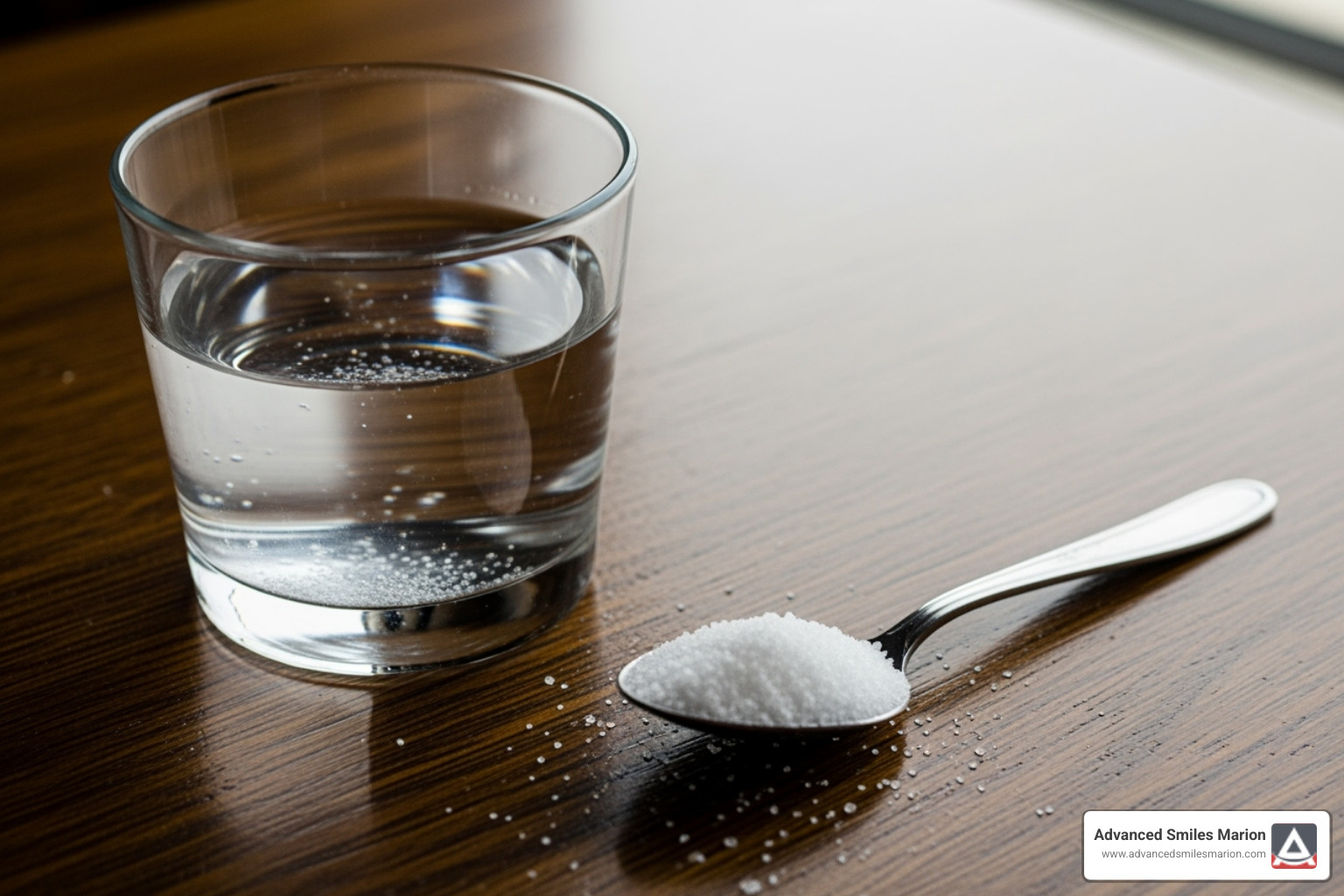 A glass of salt water next to a spoon of salt - best treatment for toothache