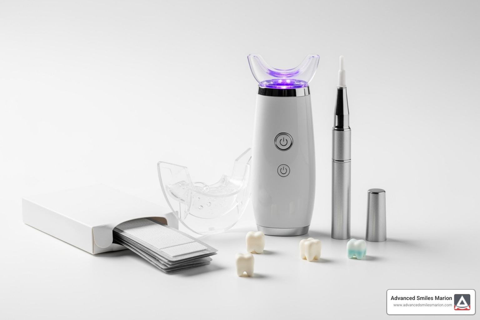 various types of whitening products: strips, a gel tray, an LED device, and a pen - best at-home teeth whitening kit
