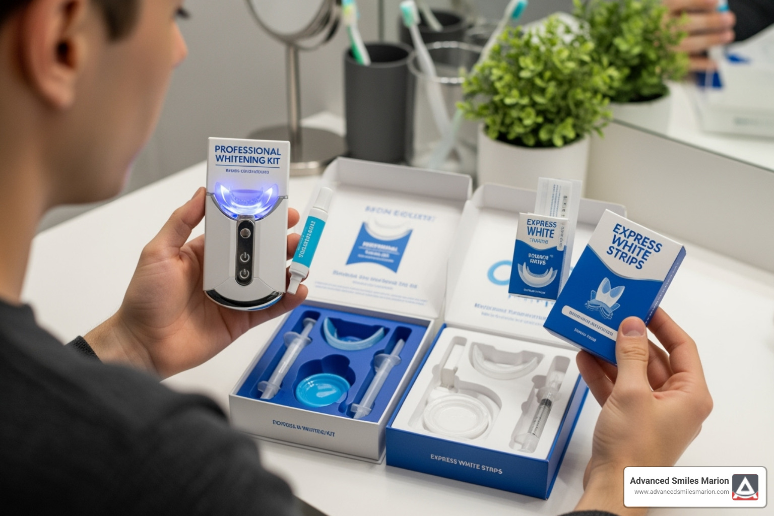 a person comparing two different types of whitening kits - best at-home teeth whitening kit