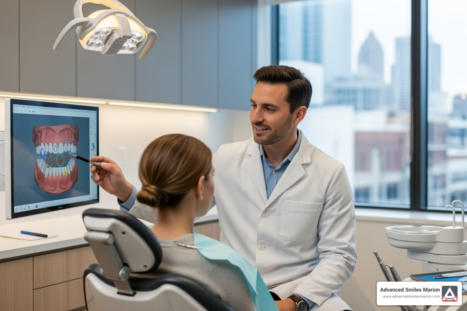 A dentist explaining a treatment plan to a patient - broken bridge teeth