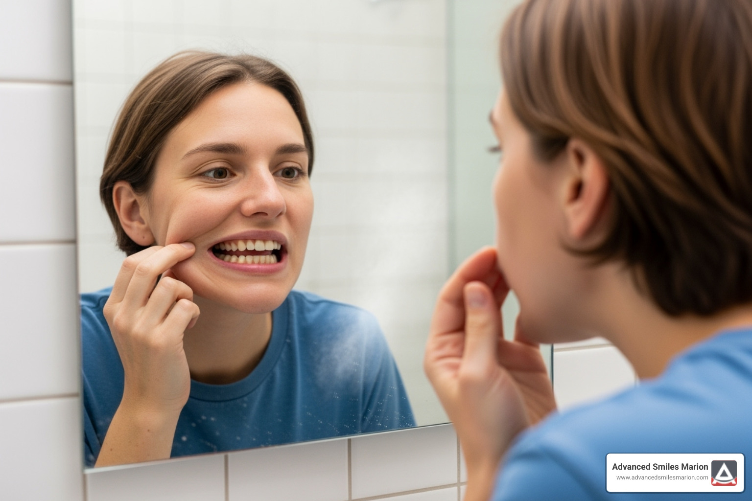 A person looking closely at their teeth in a mirror - broken bridge teeth