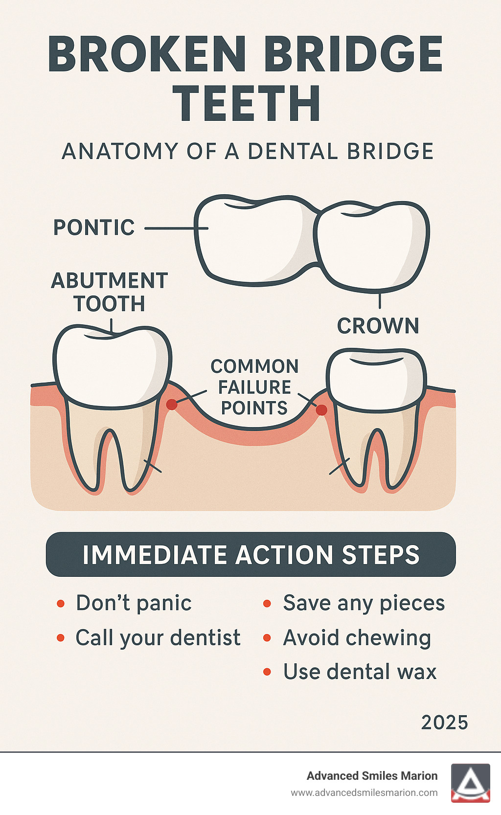 Infographic showing the anatomy of a dental bridge with labeled parts including pontic, abutment teeth, crowns, and common failure points with immediate action steps for broken bridge teeth - broken bridge teeth infographic 