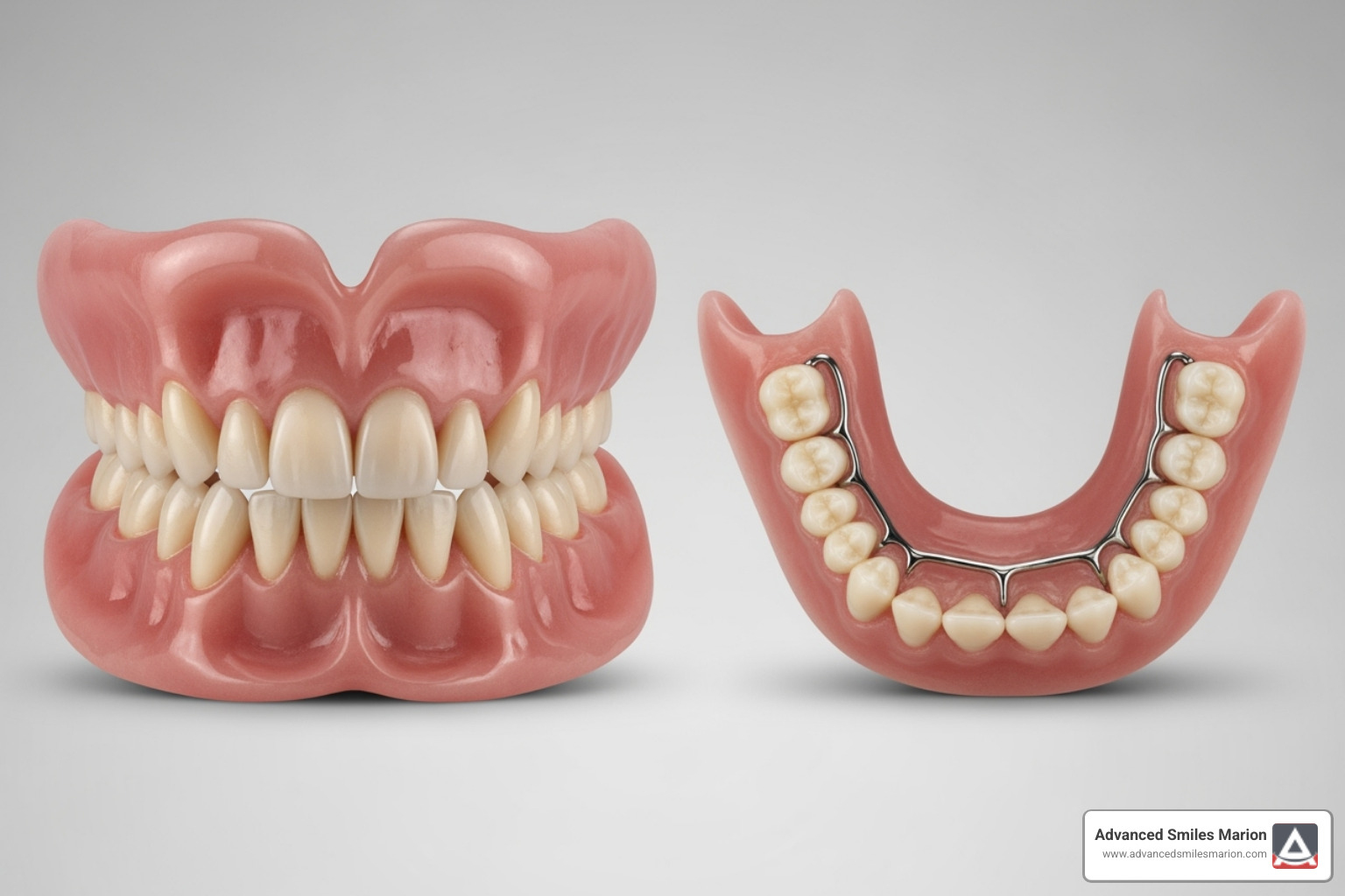 showing a clear comparison of a traditional upper denture covering the palate vs. a horseshoe-shaped palateless denture - upper dentures