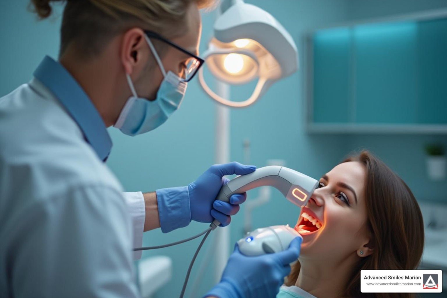 a dentist using a digital intraoral scanner on a patient - upper dentures