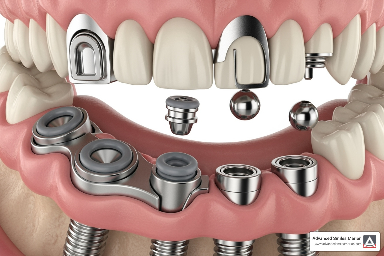 image illustrating how an implant-supported denture snaps onto dental implants - upper false teeth