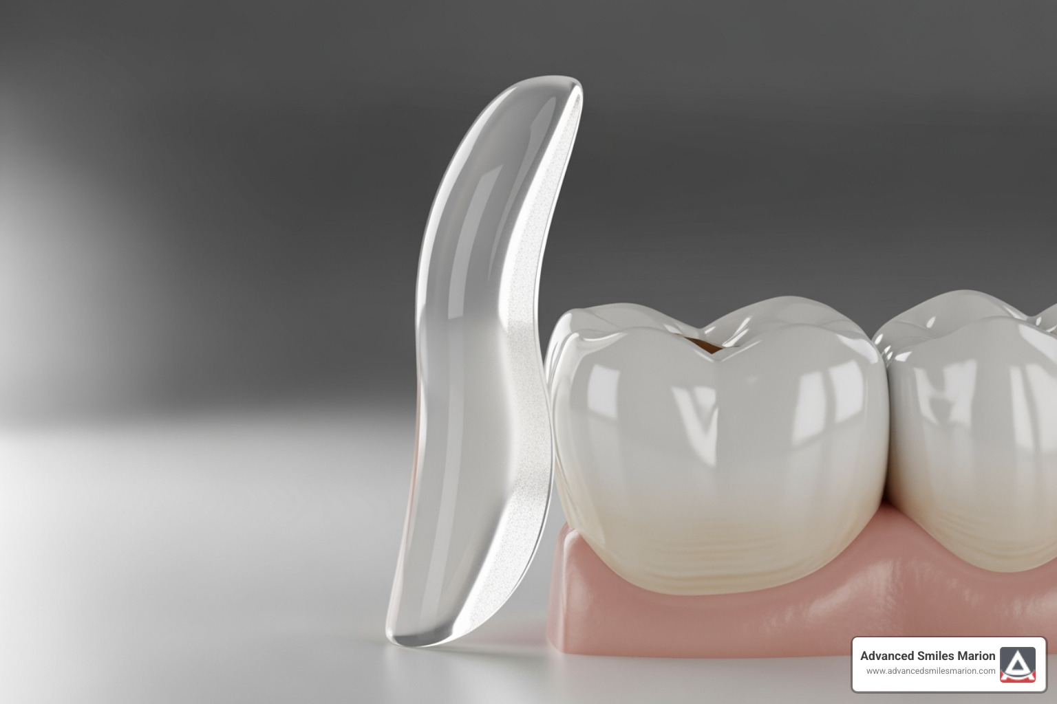 a porcelain veneer next to a tooth to show its thinness - difference between veneers and crowns