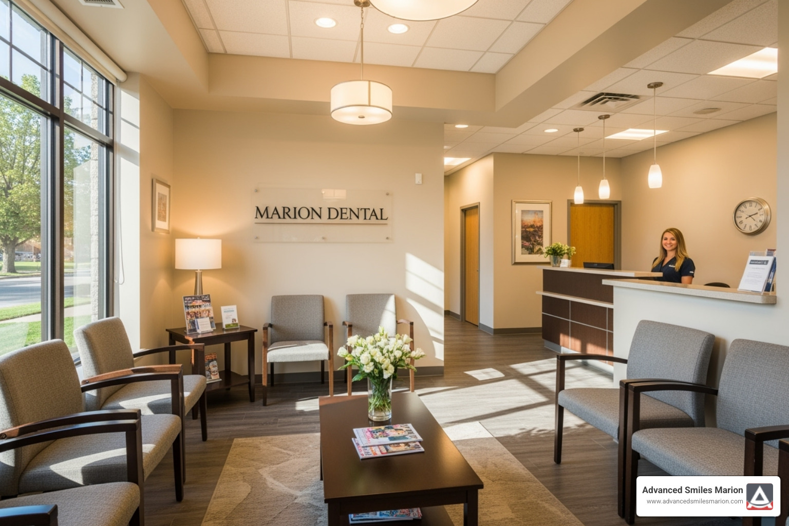 a dentist and patient discussing a treatment plan on a tablet - Marion dental office