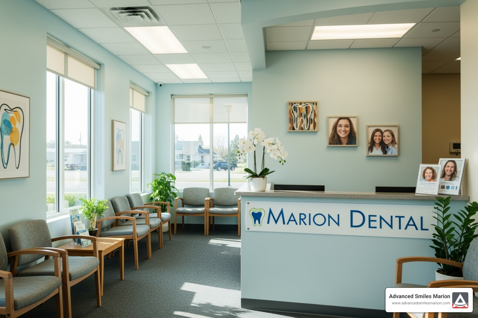 a welcoming dental office reception area with comfortable seating - Marion dental office