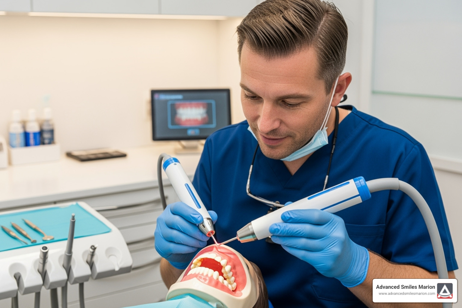 A dentist using a gentle laser treatment device on a patient model, highlighting advanced technology - dentist in marion oh