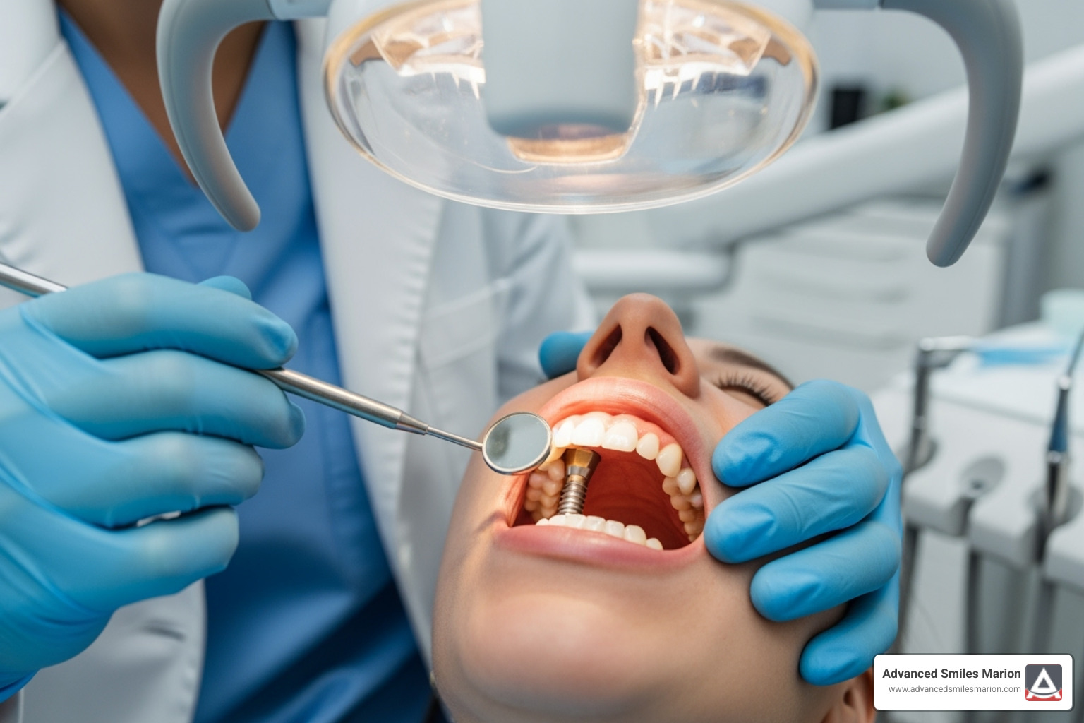 dental professional examining a patient's dental implant - dental implants marion emergency