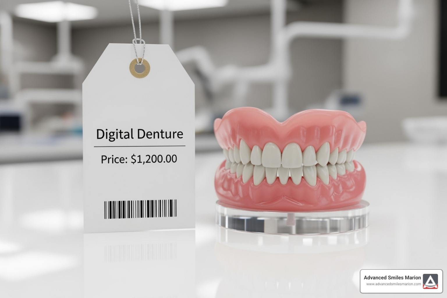 price tag next to a digital denture - digital dentures cost