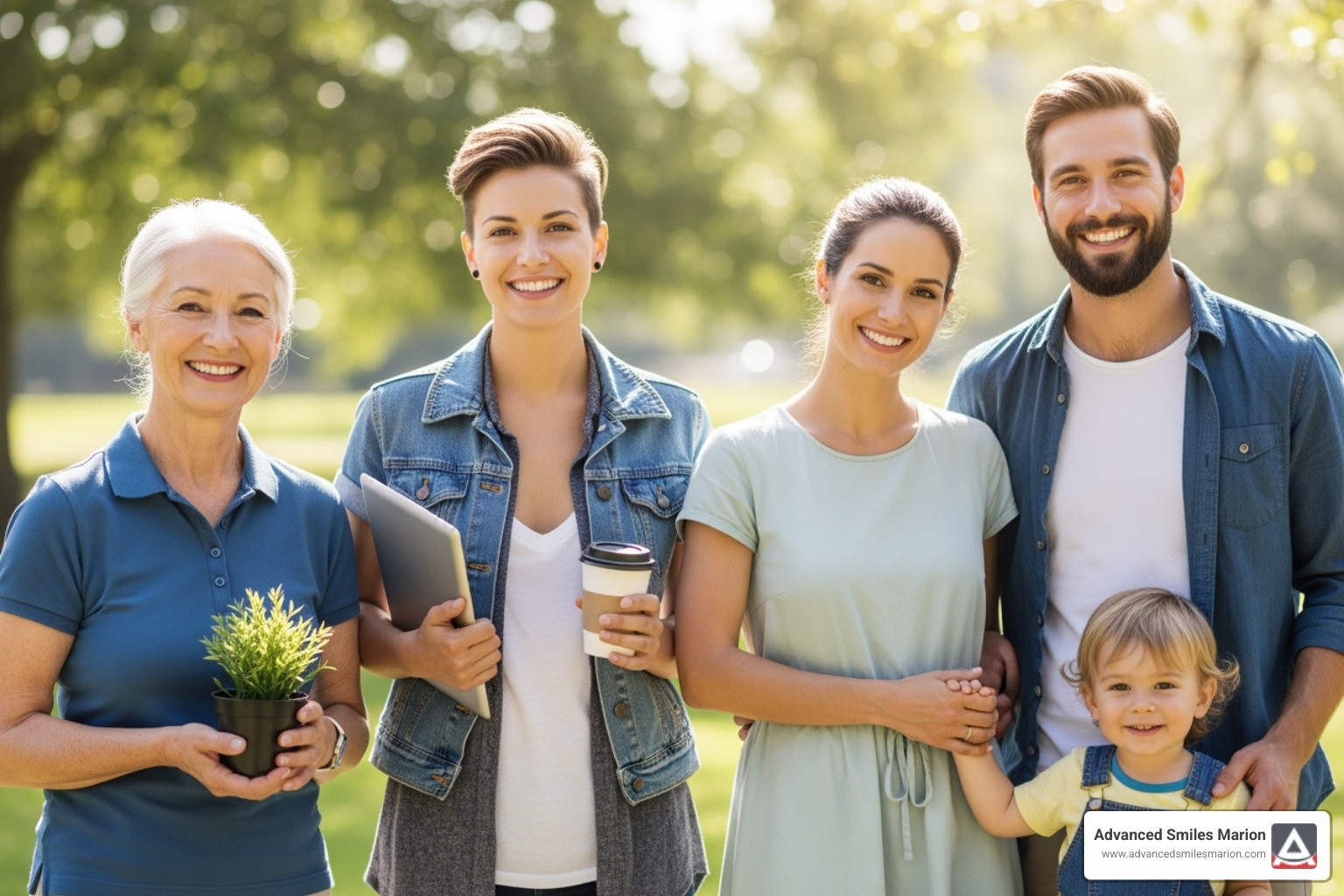 Diverse individuals smiling (retiree, freelancer, young family) - dental wellness plan Marion