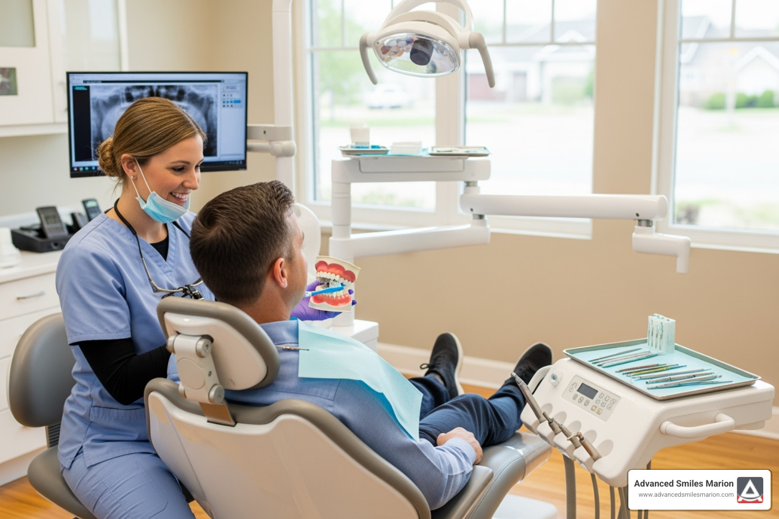 Dental hygienist explaining procedure to patient - dental wellness plan Marion