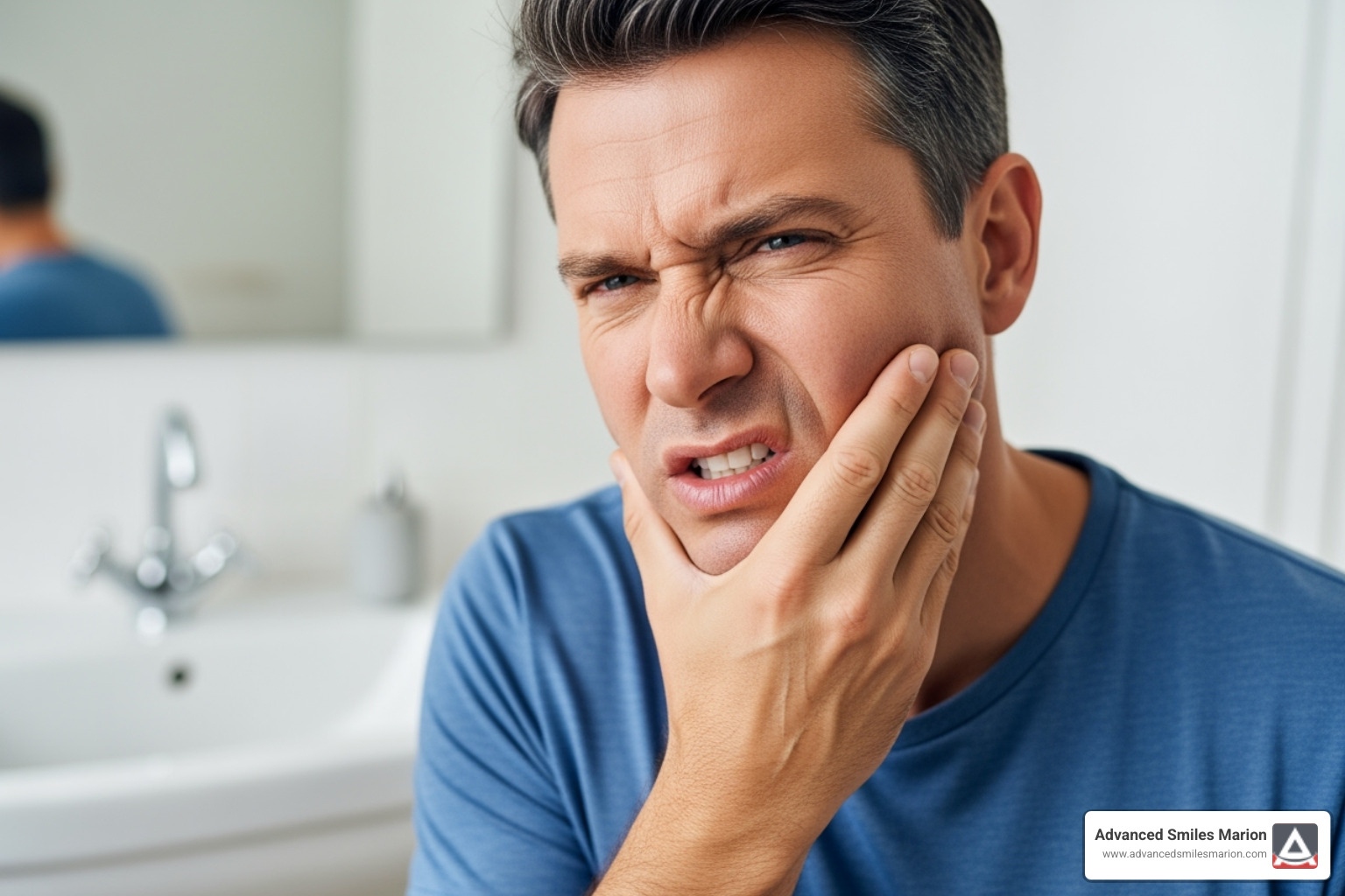 A person holding their jaw in pain, indicating a severe toothache - dental emergency Marion A person holding their jaw in pain, indicating a severe toothache - dental emergency Marion