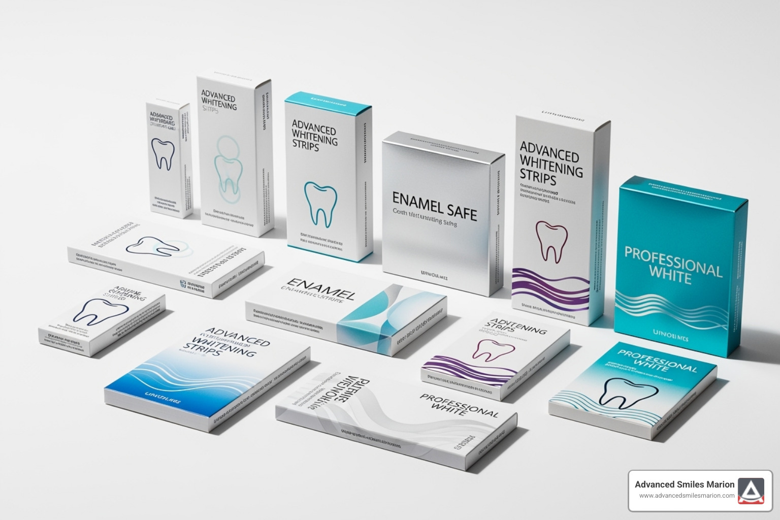 A collection of various unbranded teeth whitening strip packages arranged neatly on a white surface, showcasing different designs and sizes - best bleaching strips for teeth