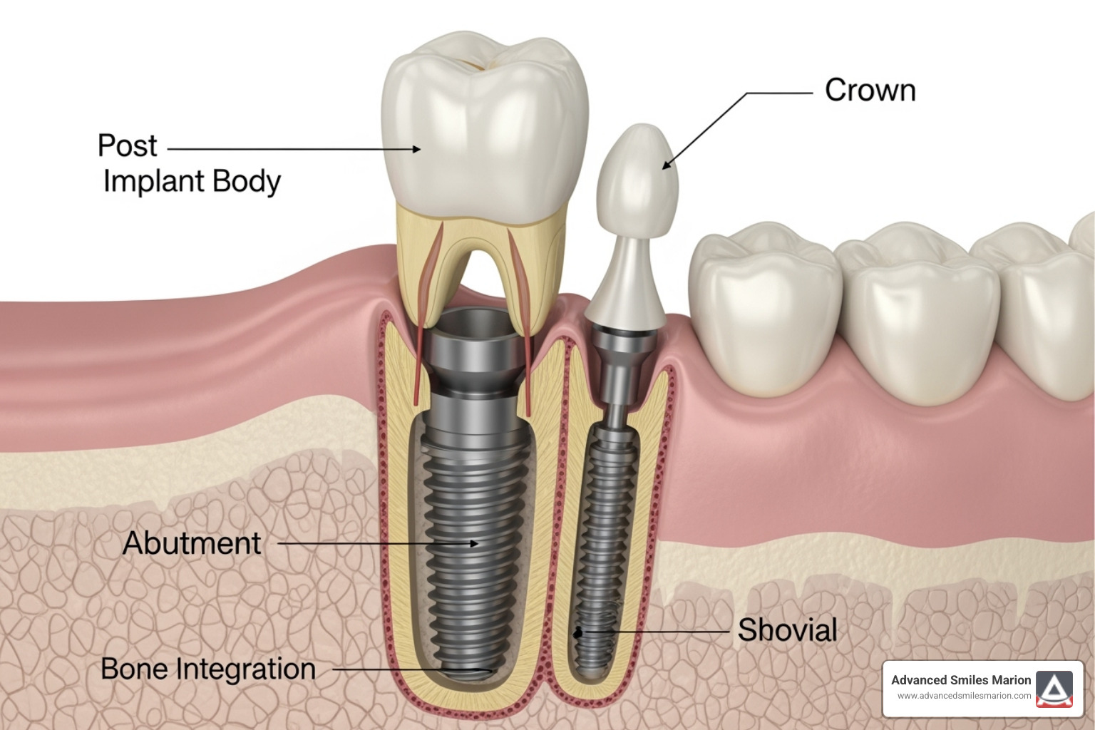 illustration depicting the three parts of a dental implant: post, abutment, and crown - rebuilding a tooth