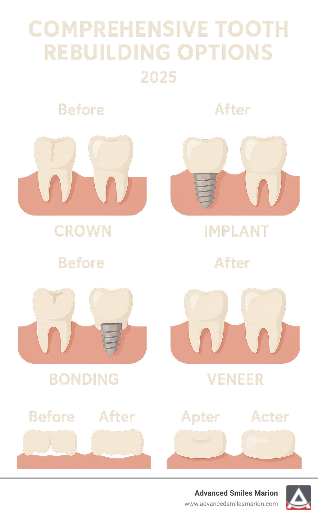 Comprehensive tooth rebuilding options showing different restoration types including crowns, implants, bonding, and veneers with before and after comparisons - rebuilding a tooth infographic 