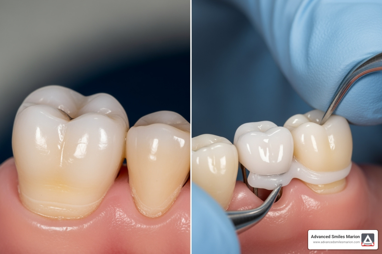 Two-visit dental crown procedure showing initial preparation and final placement - price of dental cap Two-visit dental crown procedure showing initial preparation and final placement - price of dental cap