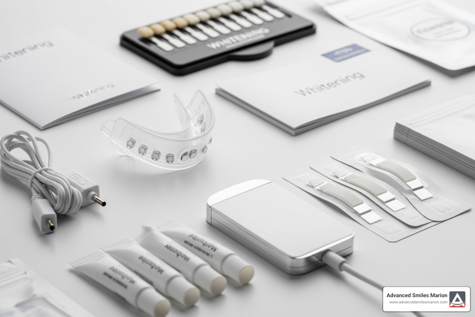 Different types of LED whitening kits, such as one with a tray and one with strips - at home teeth whitening led light Different types of LED whitening kits, such as one with a tray and one with strips - at home teeth whitening led light