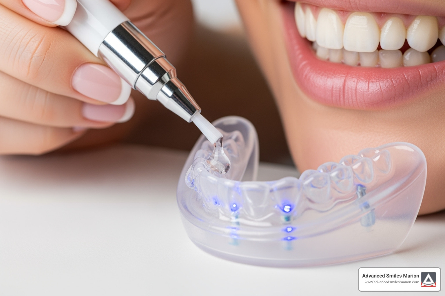 Gel being applied to the LED tray or teeth - at home teeth whitening led light Gel being applied to the LED tray or teeth - at home teeth whitening led light