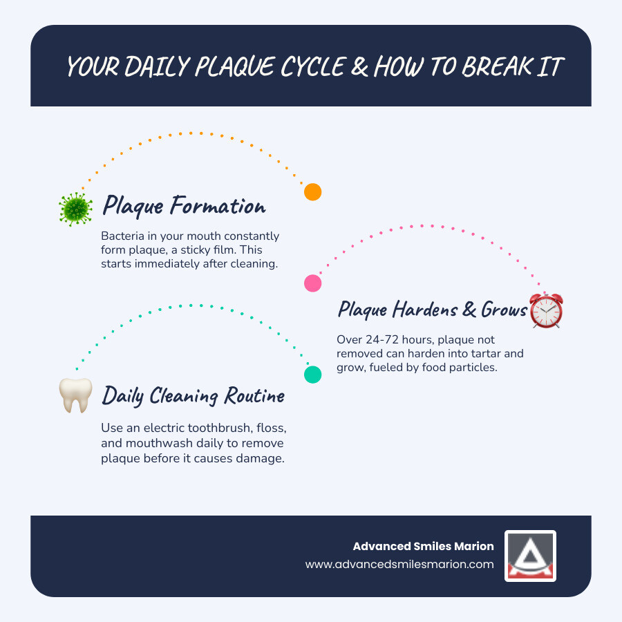 Comprehensive infographic showing daily plaque formation cycle on teeth, featuring morning bacteria buildup, food particle accumulation throughout day, and evening cleaning routine with electric toothbrush, flossing, and mouthwash to break the cycle - best at home teeth cleaning kit infographic infographic-line-3-steps-blues-accent_colors