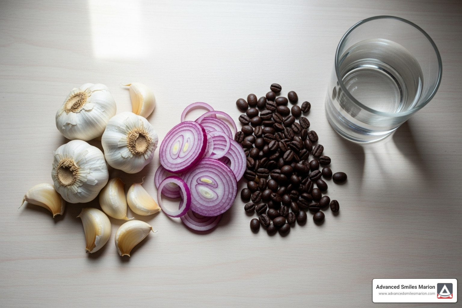 Image of common trigger foods like garlic, onions, and coffee next to a glass of water - Bad breath solutions