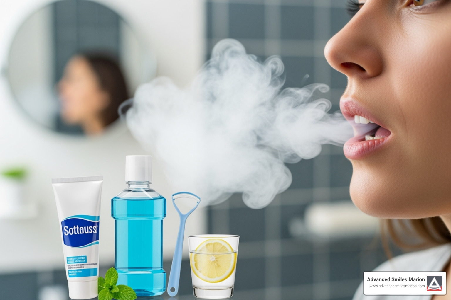 Image of a well-organized bathroom counter with a toothbrush, floss, and tongue scraper - Bad breath solutions