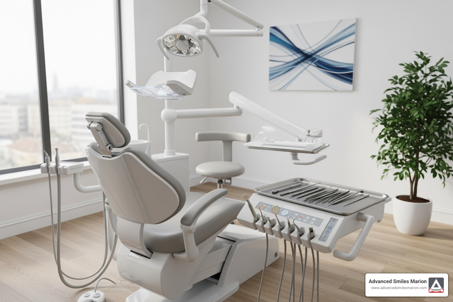 A calm, modern dental treatment room at Advanced Smiles Marion, set up for a comfortable teeth whitening session with a chair, light, and dental tools - Dental care teeth whitening