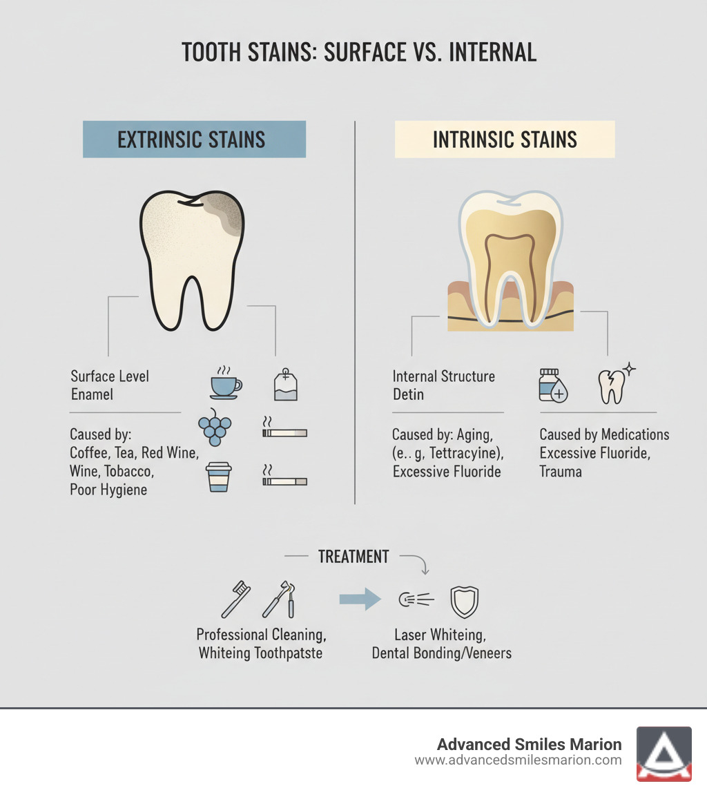 An infographic illustrating the difference between extrinsic (surface) and intrinsic (internal) tooth stains, showing examples of each type of discoloration - Dental care teeth whitening infographic 