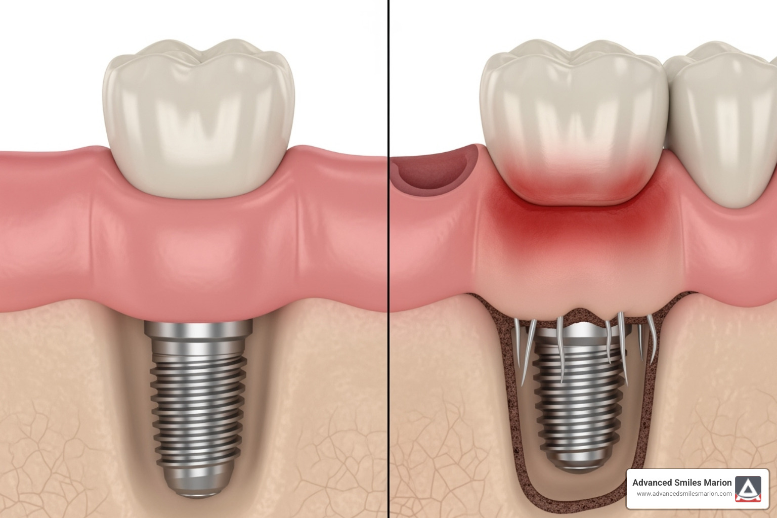 Image illustrating the difference between a healthy implant and one with peri-implantitis - dental implant repair cost Image illustrating the difference between a healthy implant and one with peri-implantitis - dental implant repair cost