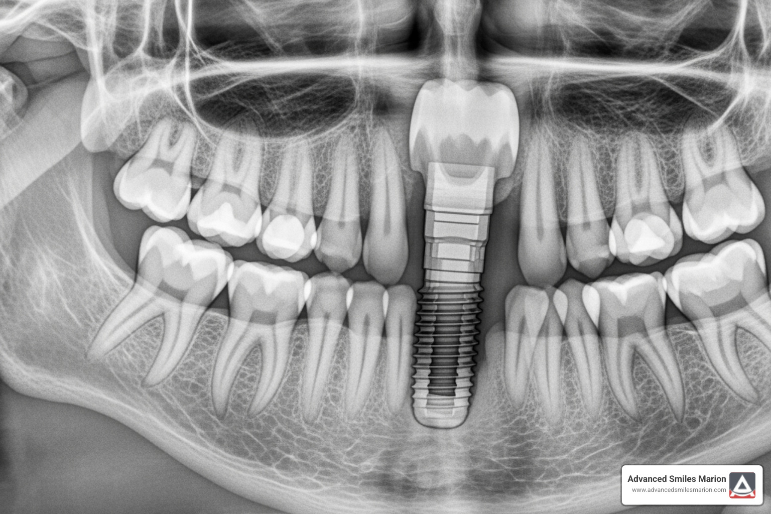 Image of a dental X-ray showing a dental implant in the jawbone - dental implant repair cost Image of a dental X-ray showing a dental implant in the jawbone - dental implant repair cost