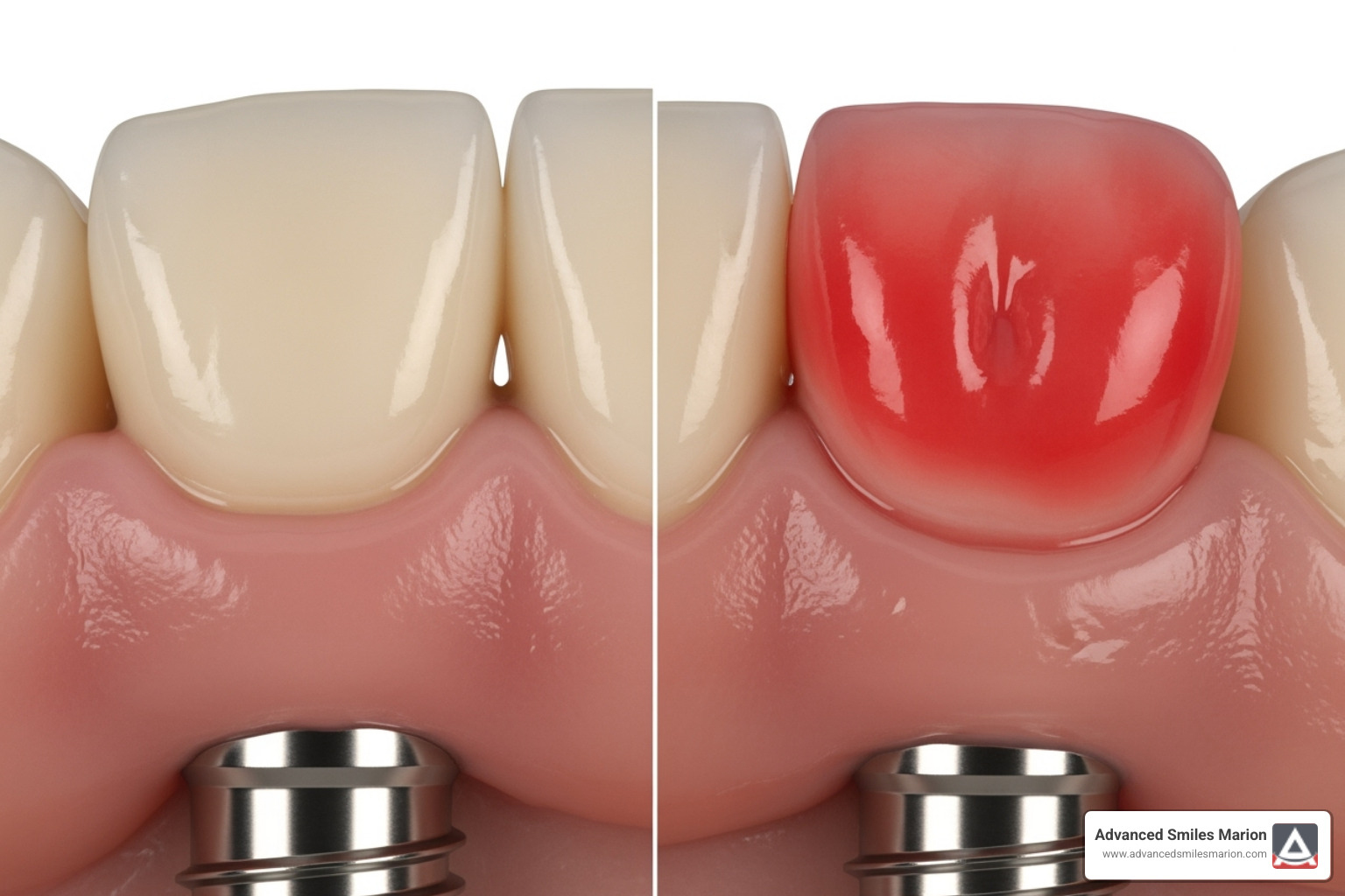 Image showing inflamed gums around a dental implant compared to healthy gums - dental implant repair cost Image showing inflamed gums around a dental implant compared to healthy gums - dental implant repair cost